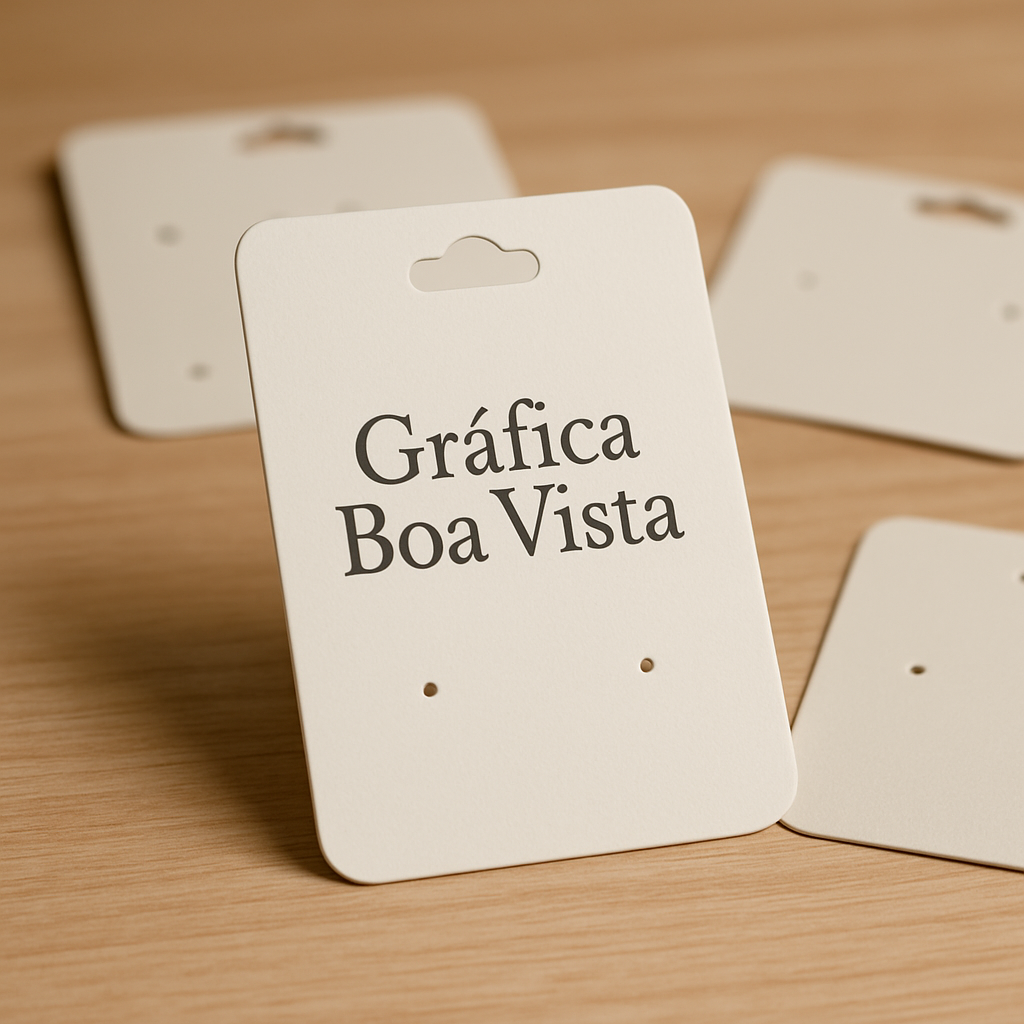Cartelas para bijuteria impressas em mesa de produção, com acabamento profissional e peças pequenas fixadas