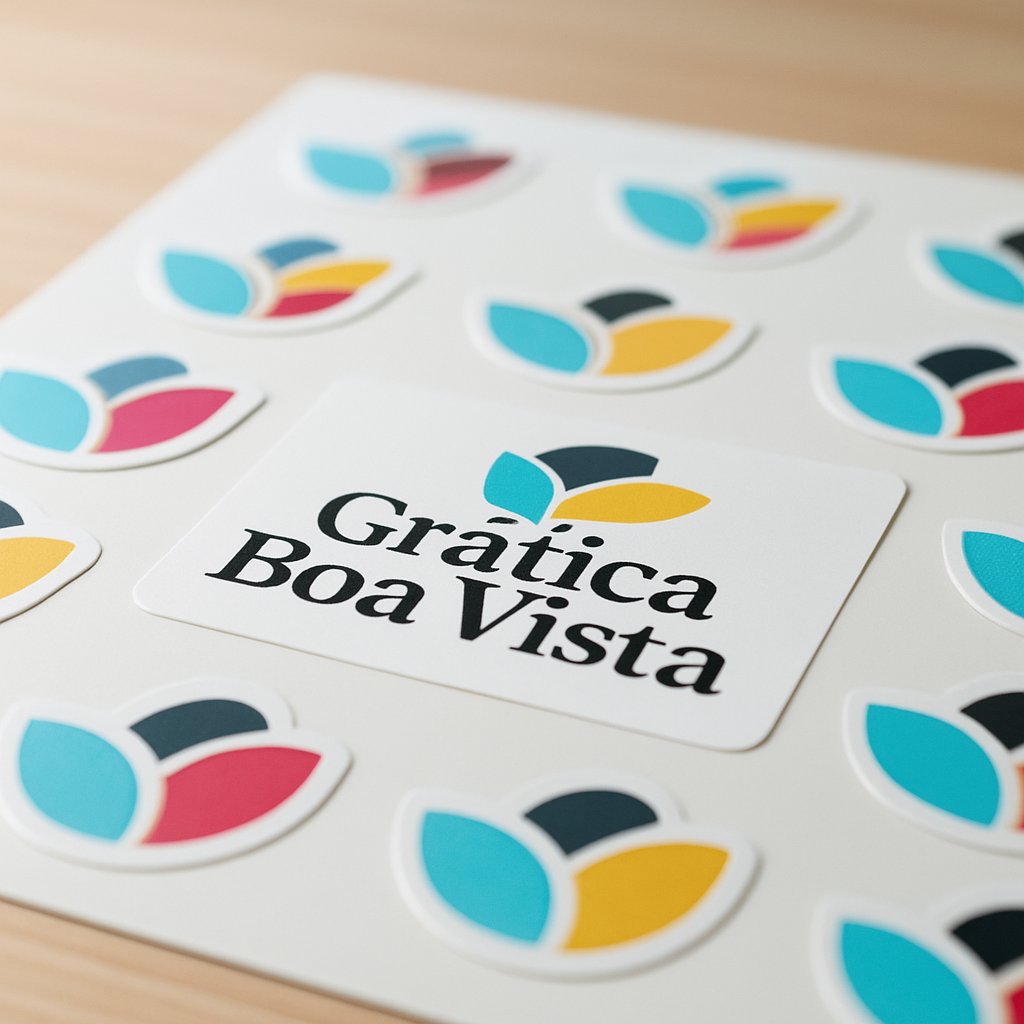 Adesivos vinil personalizados organizados em uma gráfica profissional em Curitiba