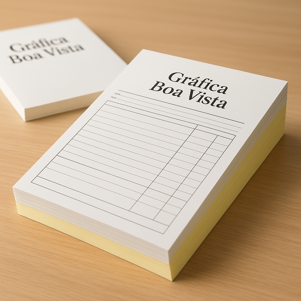 Foto de bloco copiativo 2 vias em mesa de gráfica com amostras de formulários e materiais impressos