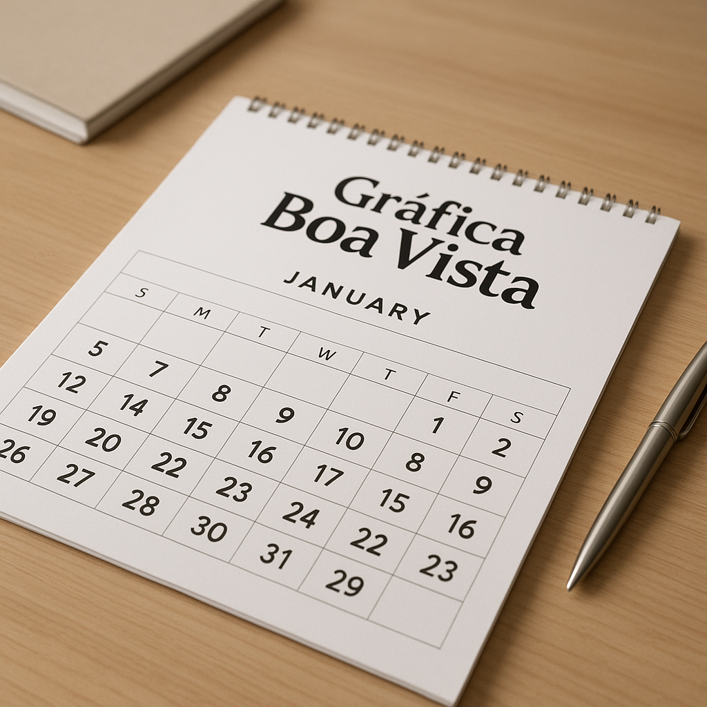Calendários personalizados de mesa e de parede em uma gráfica, com aparência profissional e acabamento de qualidade