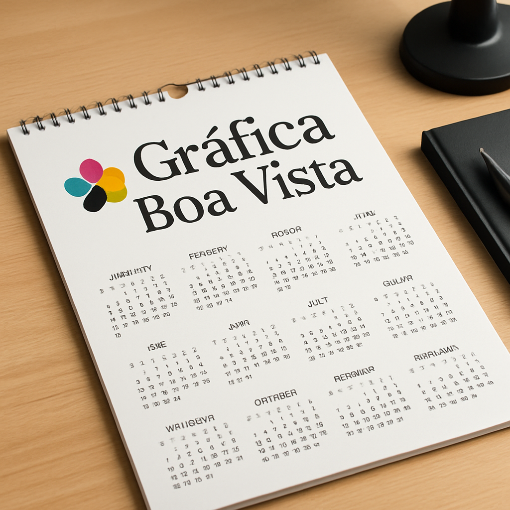 Calendários personalizados de mesa e de parede em uma gráfica, com aparência profissional e acabamento de qualidade