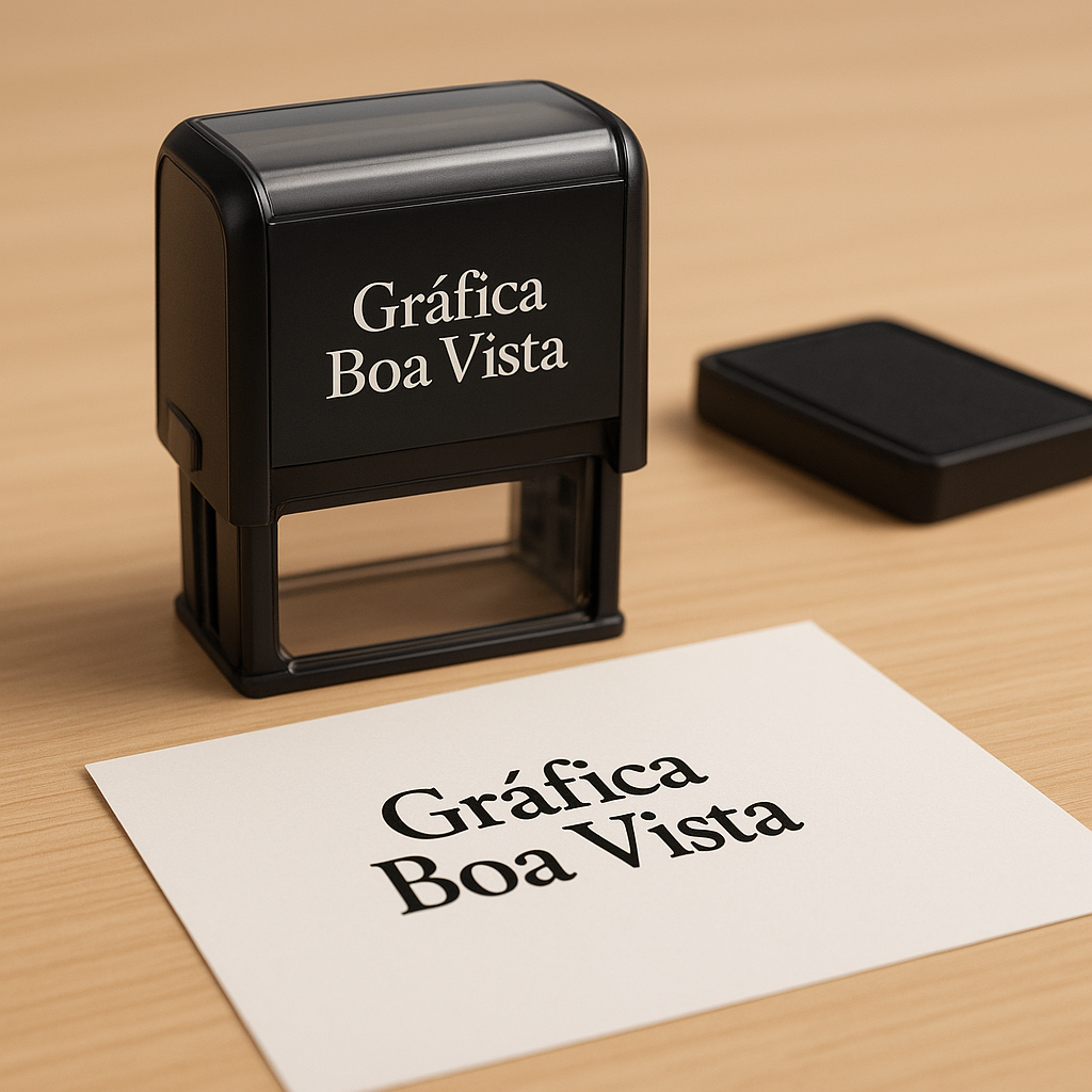 Carimbo profissional sobre documentos em mesa de escritório, com foco em uso comercial e escolha de materiais