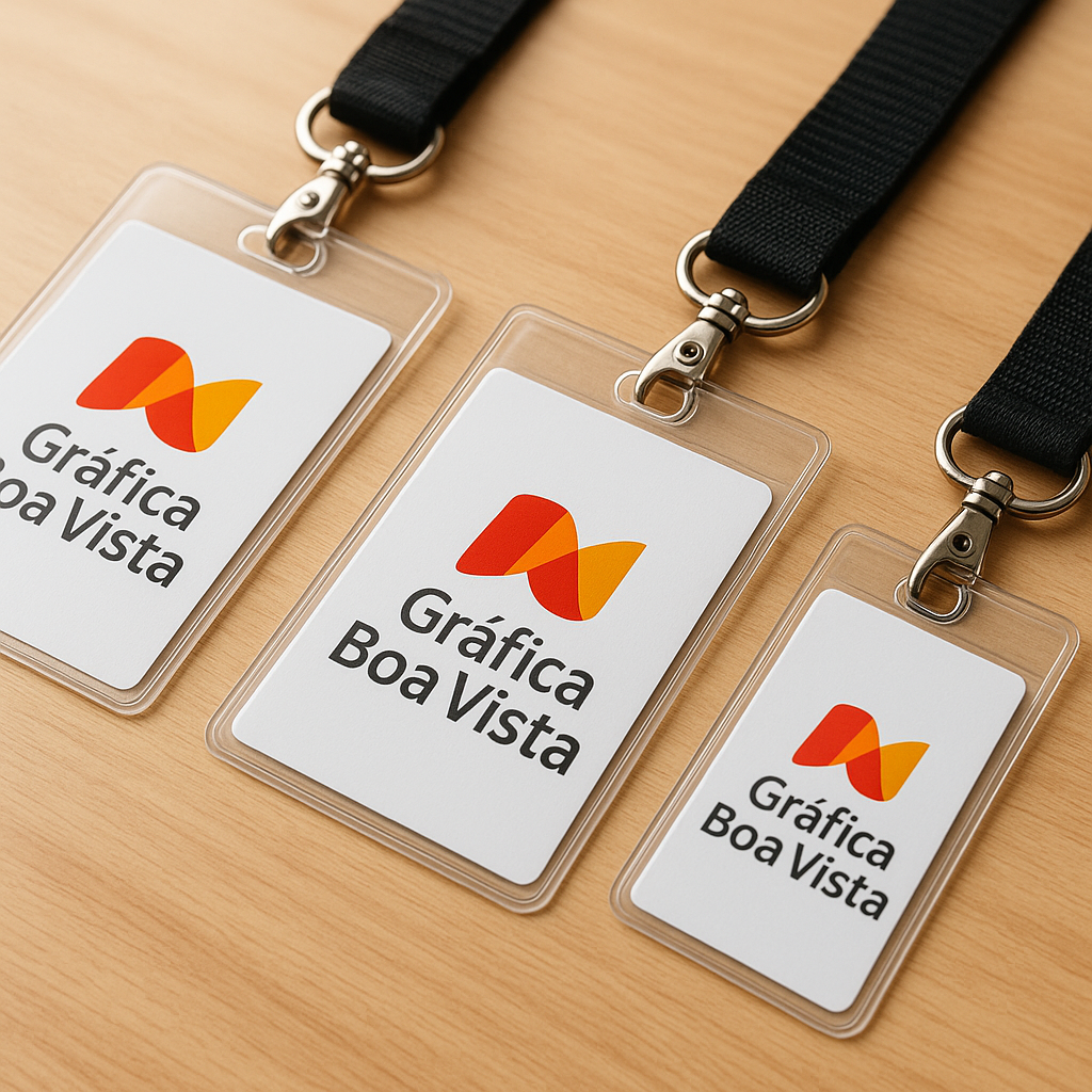 Crachás personalizados em PVC cristal e polaseal sobre mesa de gráfica profissional