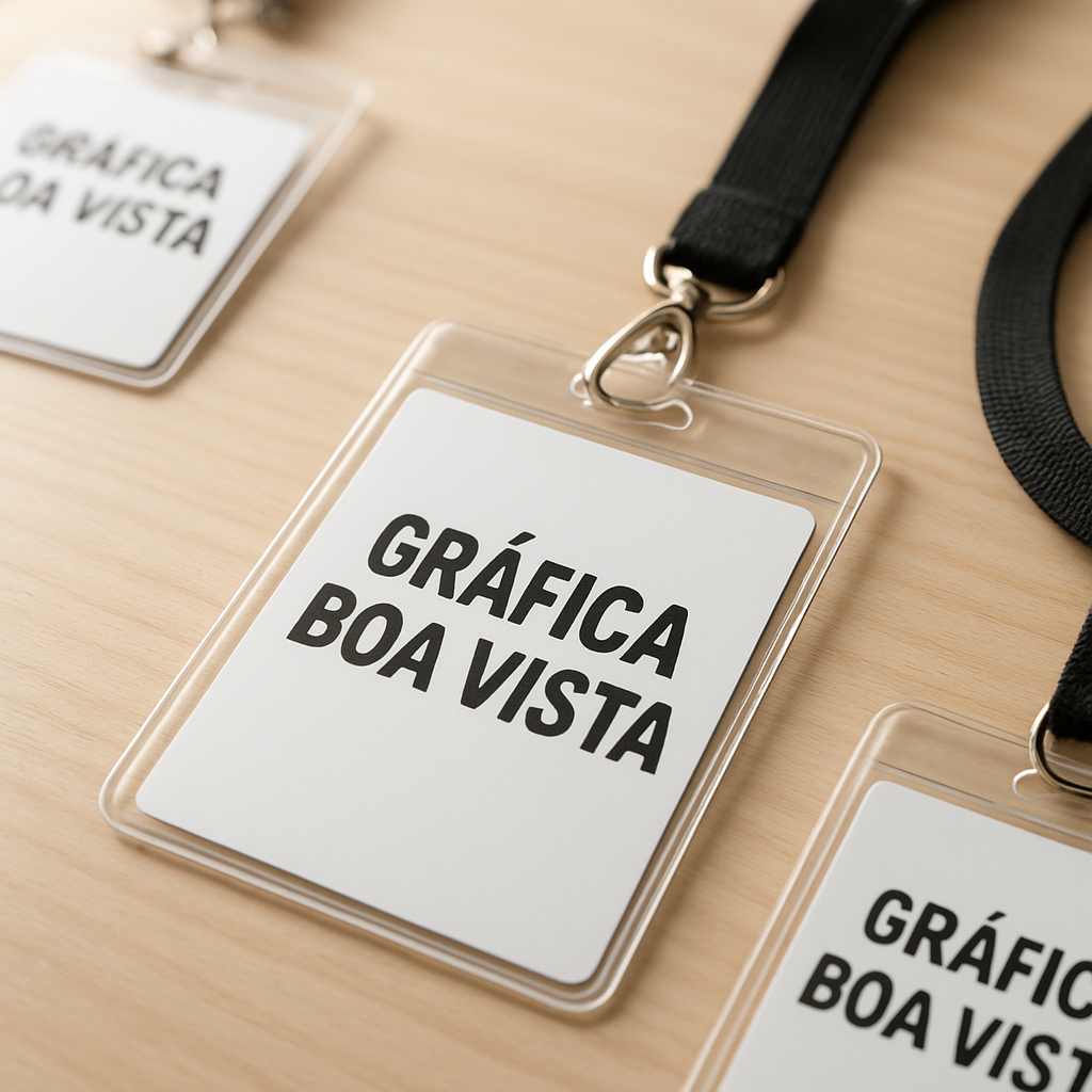 Crachás personalizados em PVC cristal e polaseal sobre mesa de gráfica profissional