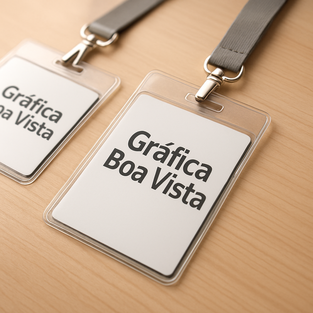 Crachás personalizados em PVC cristal e polaseal sobre mesa de gráfica profissional