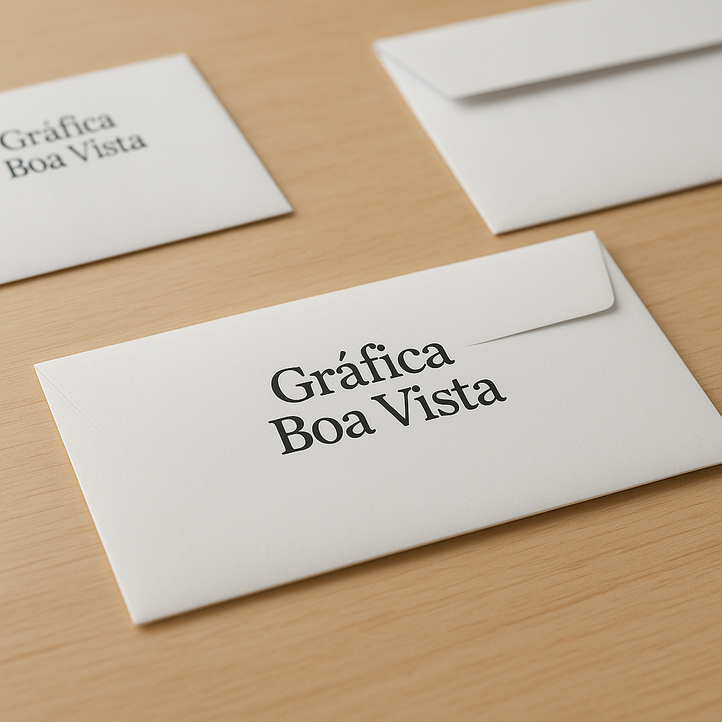 Envelopes personalizados impressos em uma mesa de gráfica, com visual profissional e acabamento limpo