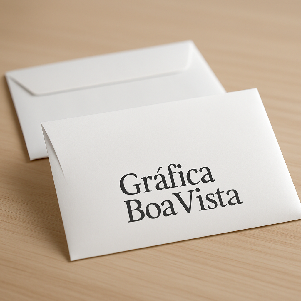 Envelopes personalizados impressos em uma mesa de gráfica, com visual profissional e acabamento limpo