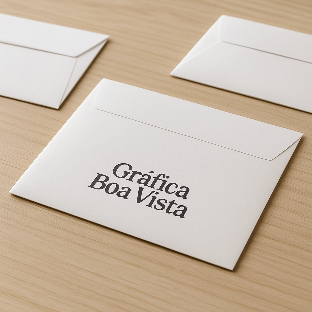 Envelopes personalizados impressos em uma mesa de gráfica, com visual profissional e acabamento limpo