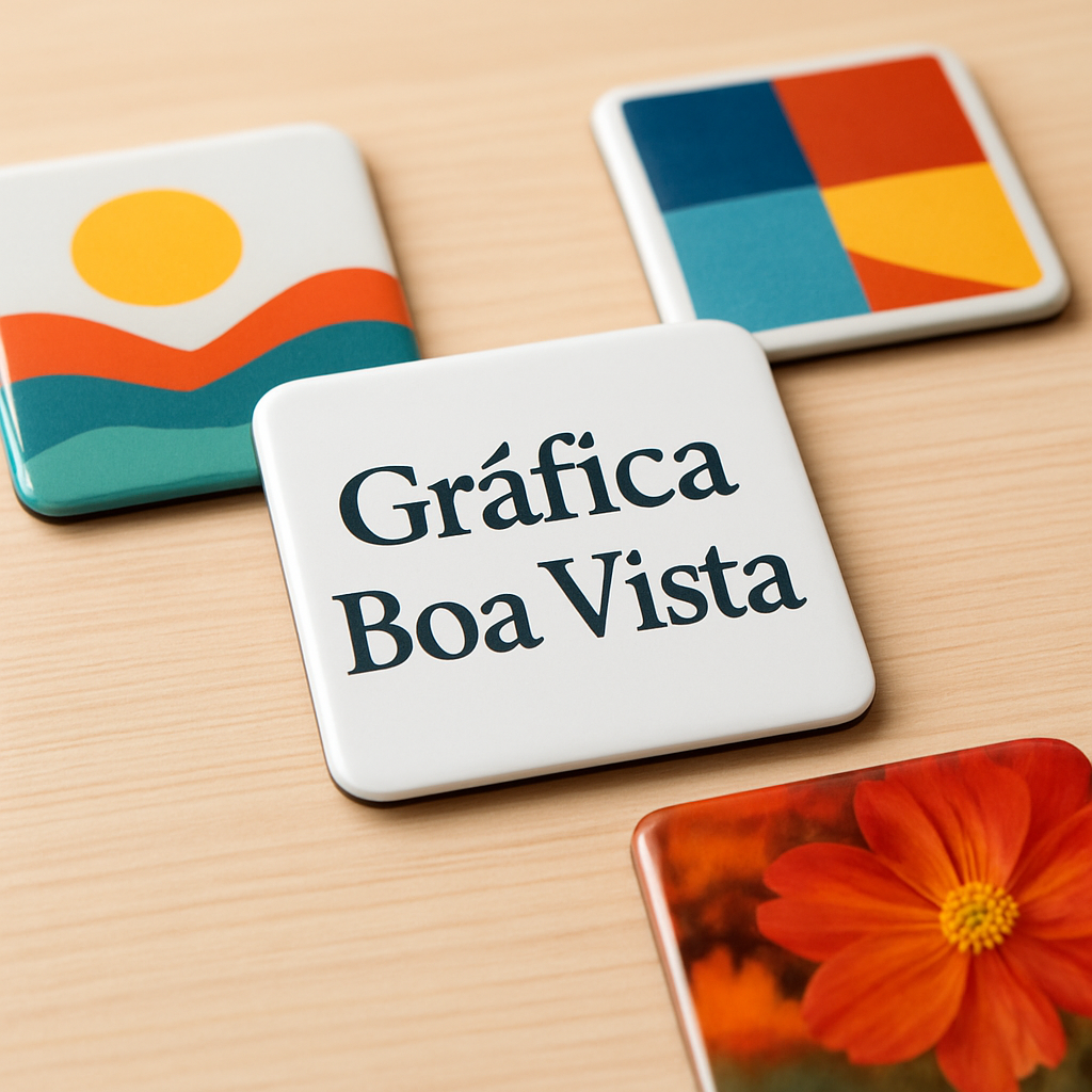 Imagem de ímãs de geladeira personalizados em uma geladeira, com visual profissional e acabamento promocional