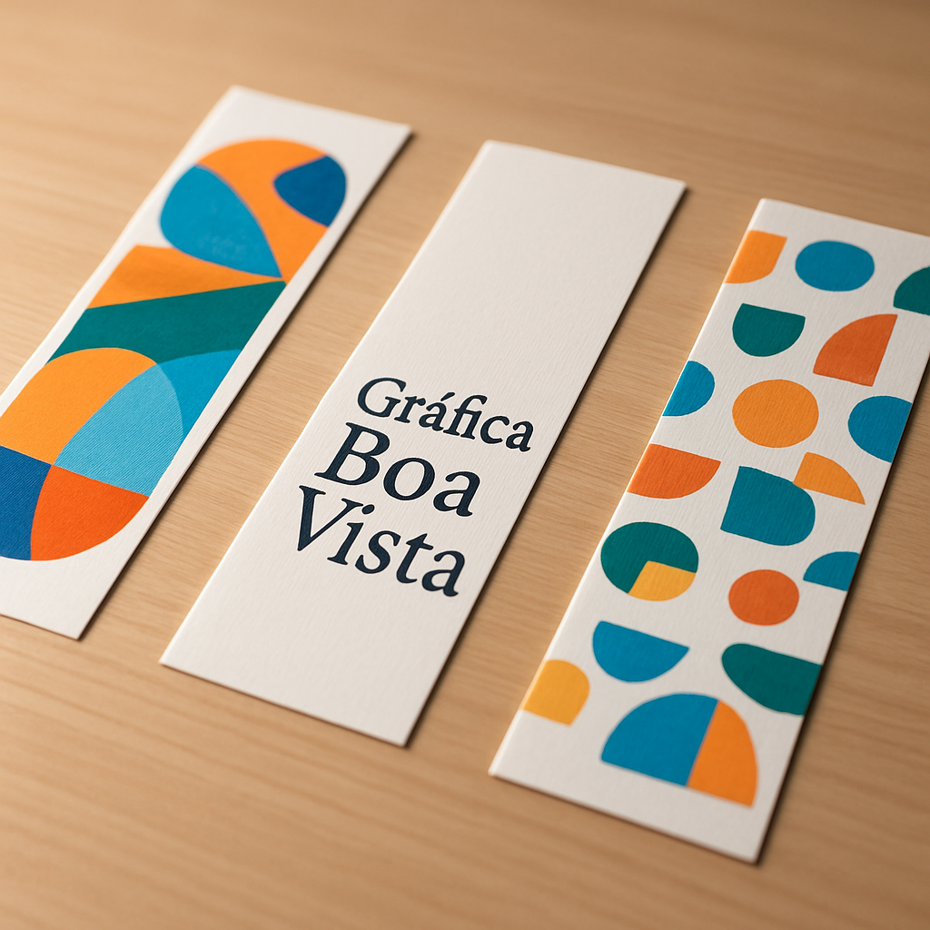 Marca página personalizado com acabamento brilhante, exibido em uma foto de produto profissional