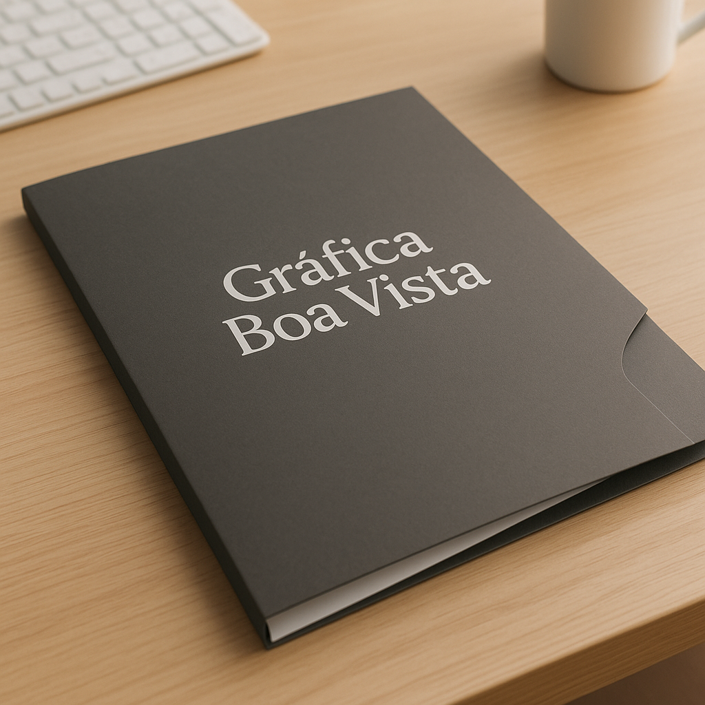 Pasta personalizada com acabamento brilhante e documentos organizados sobre uma mesa