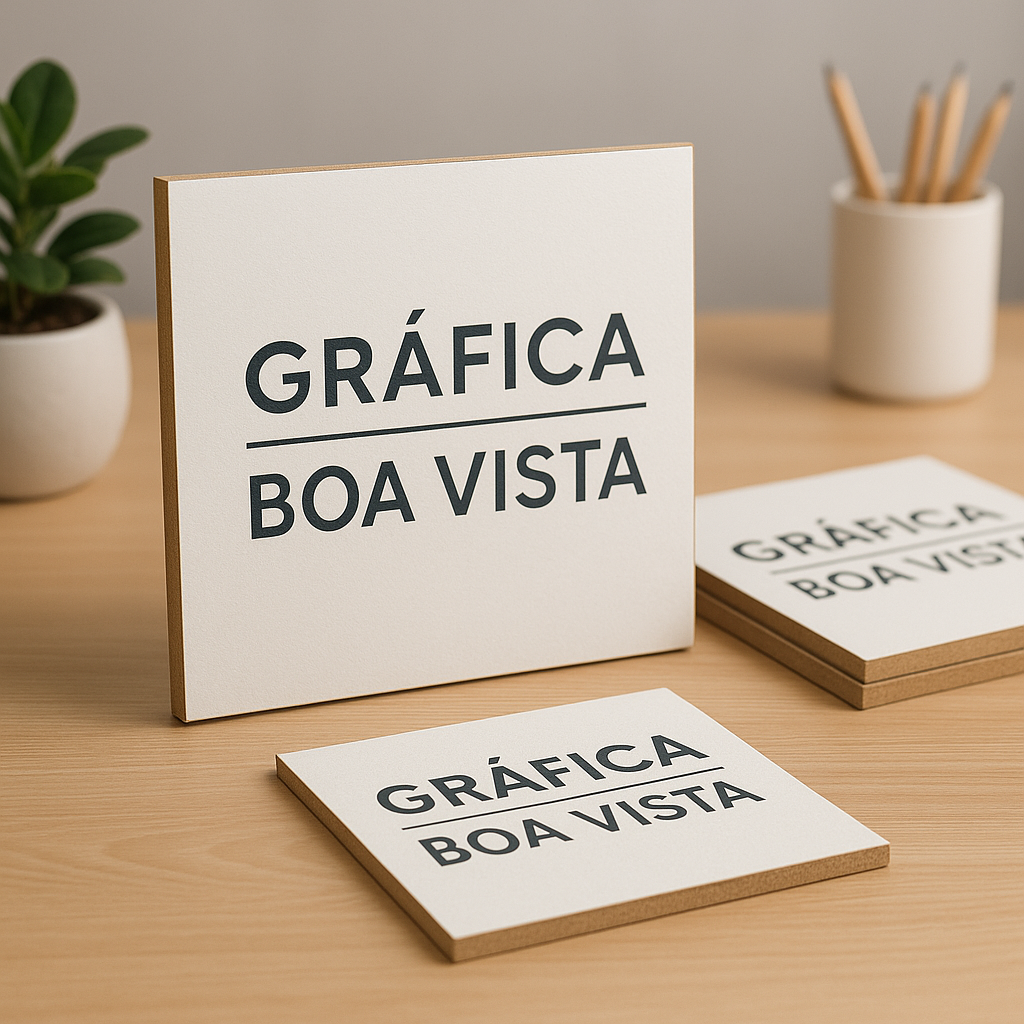 Quadros MDF expostos em ambiente de gráfica, mostrando opções de tamanhos e acabamento