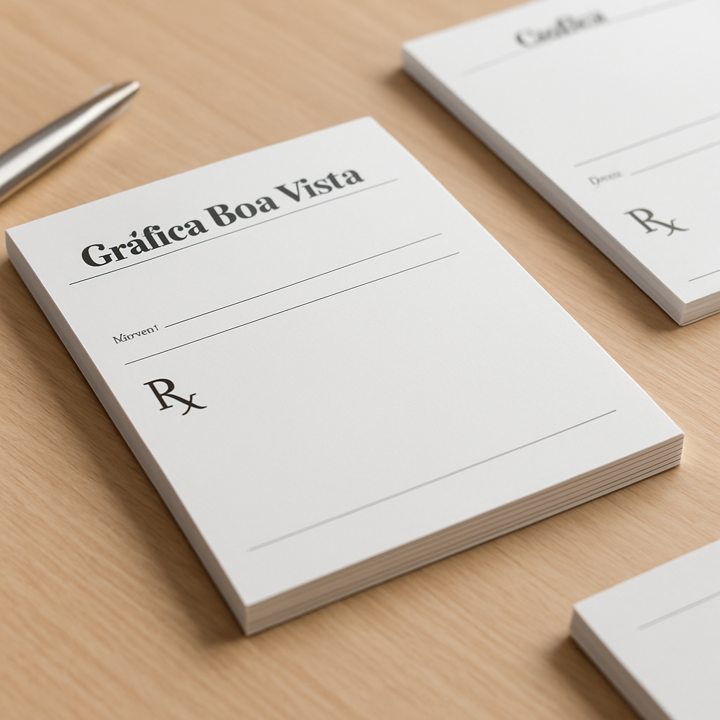 Receituários personalizados empilhados em uma bancada de gráfica profissional em Curitiba