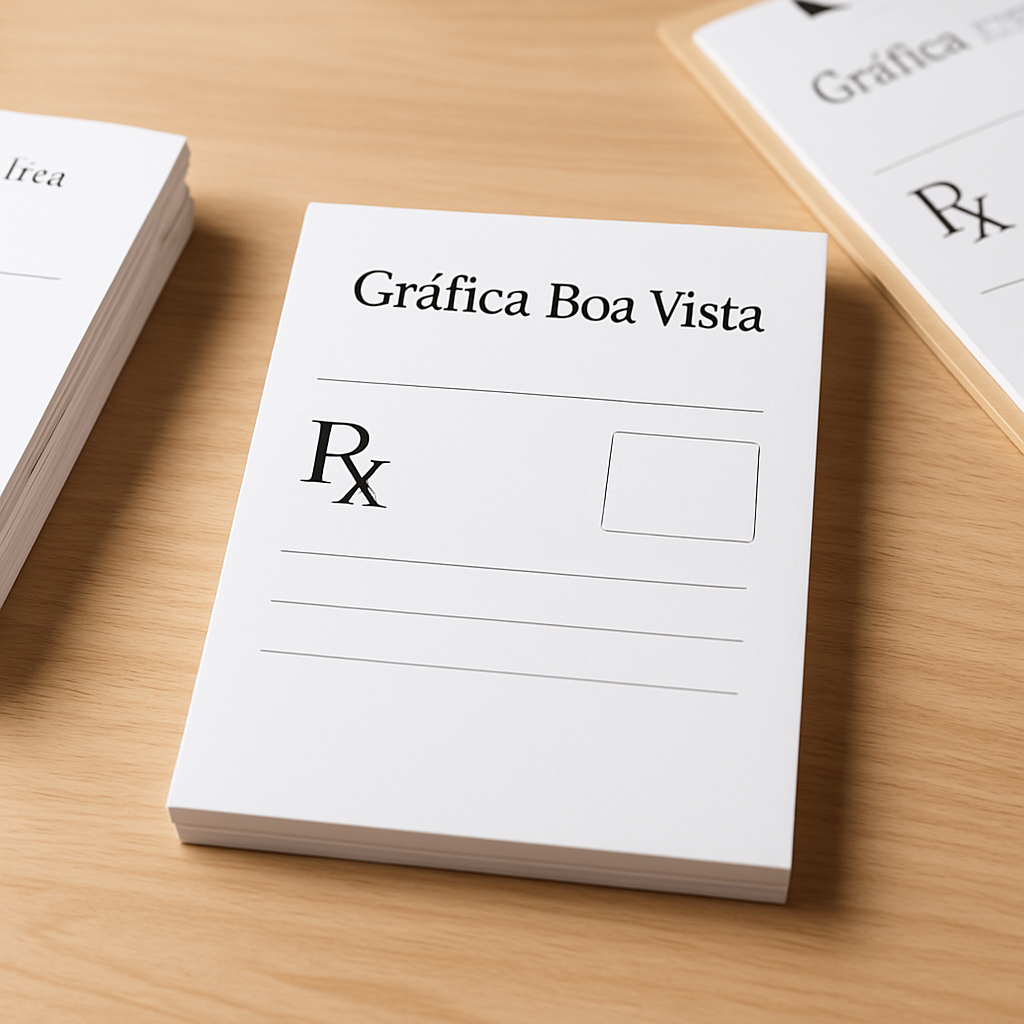 Receituários personalizados empilhados em uma bancada de gráfica profissional em Curitiba