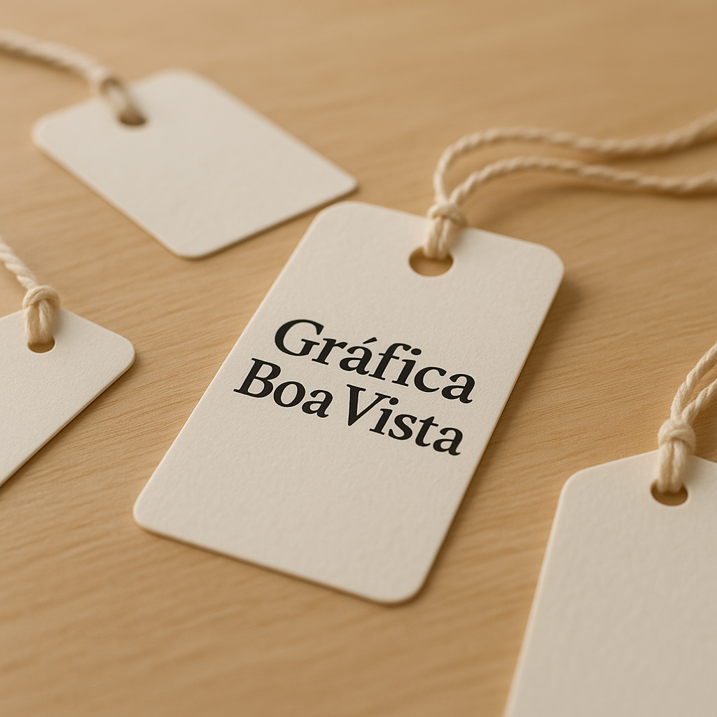 Tags de papel premium com acabamento brilhante e furo, organizadas sobre uma mesa de gráfica
