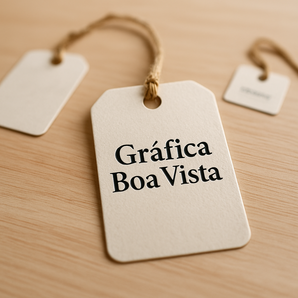 Tags de papel premium com acabamento brilhante e furo, organizadas sobre uma mesa de gráfica