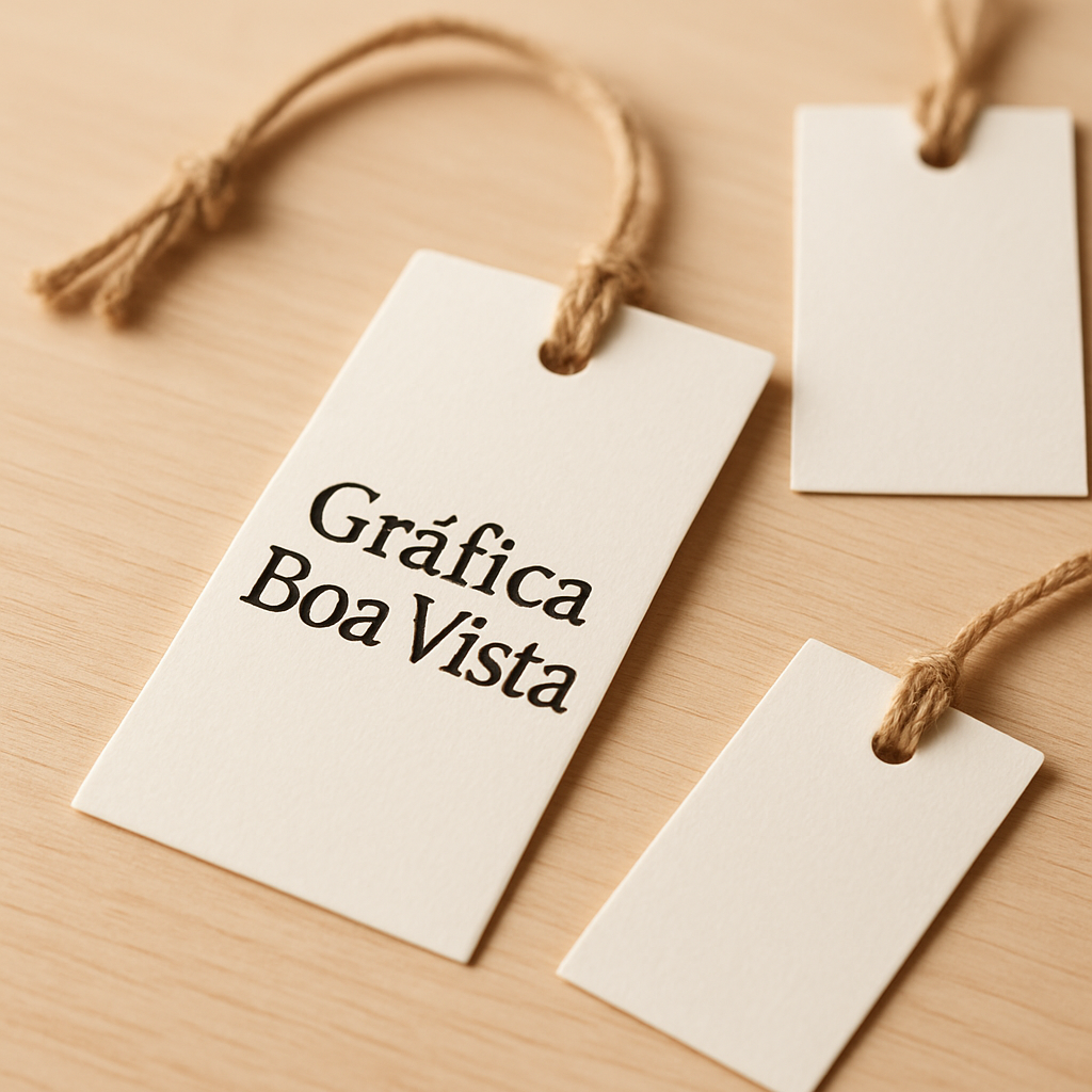 Tags de papel premium com acabamento brilhante e furo, organizadas sobre uma mesa de gráfica