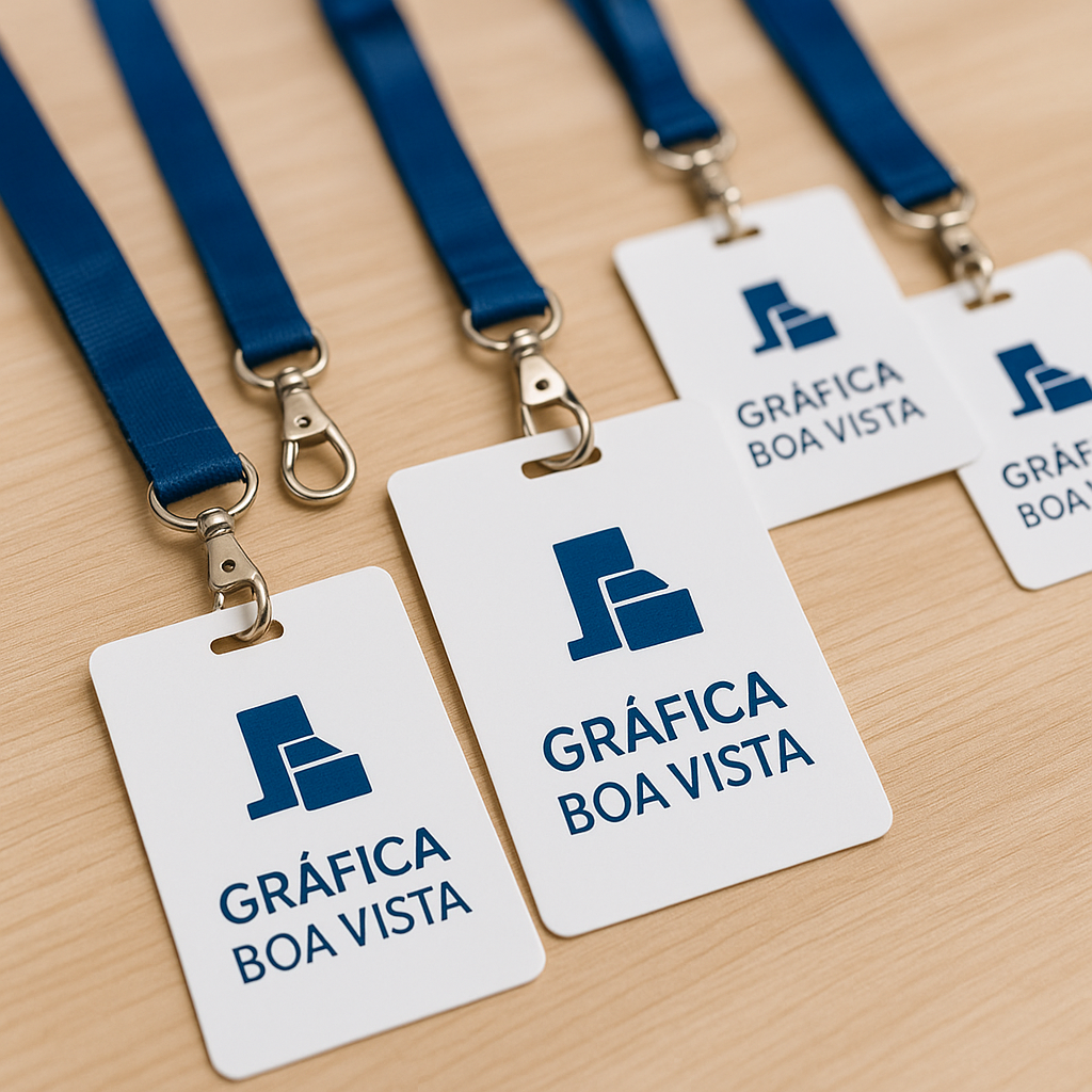 Crachás profissionais em PVC e Polaseal sobre mesa de gráfica, mostrando opções de acabamento e material