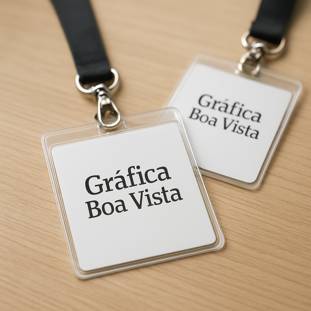 Crachás profissionais em PVC e Polaseal sobre mesa de gráfica, mostrando opções de acabamento e material