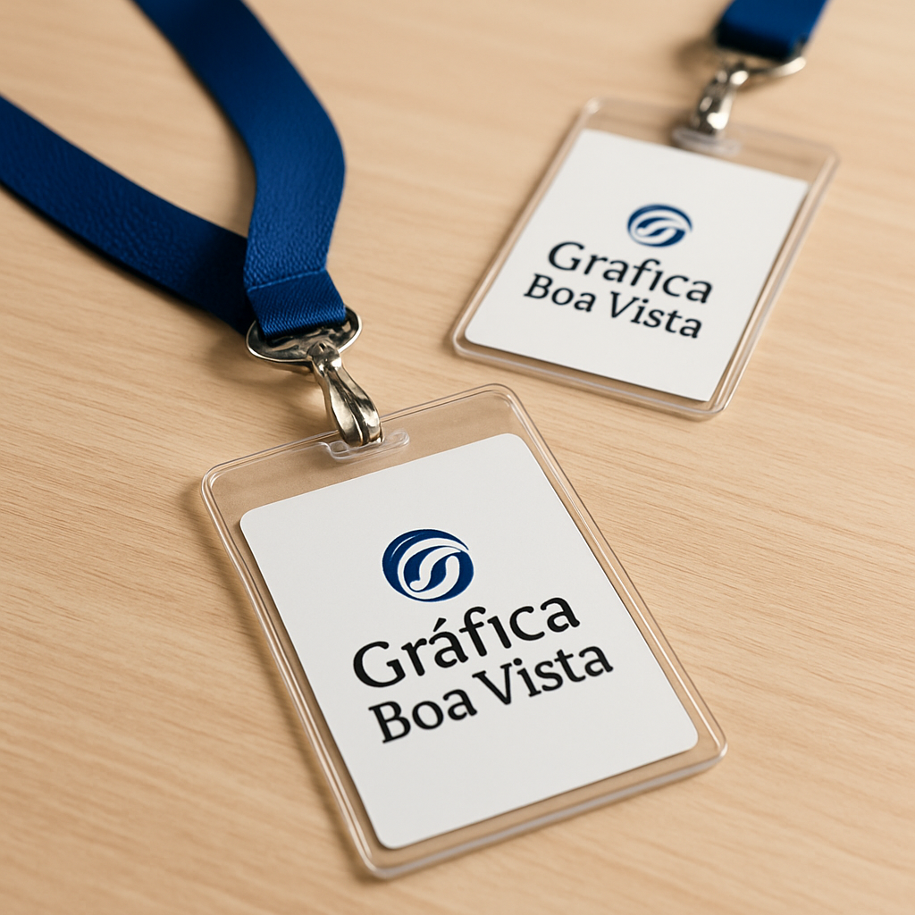 Crachás profissionais em PVC e Polaseal sobre mesa de gráfica, mostrando opções de acabamento e material