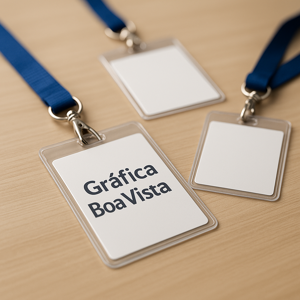 Crachás personalizados prontos sobre uma mesa em gráfica, com visual profissional e acabamento premium