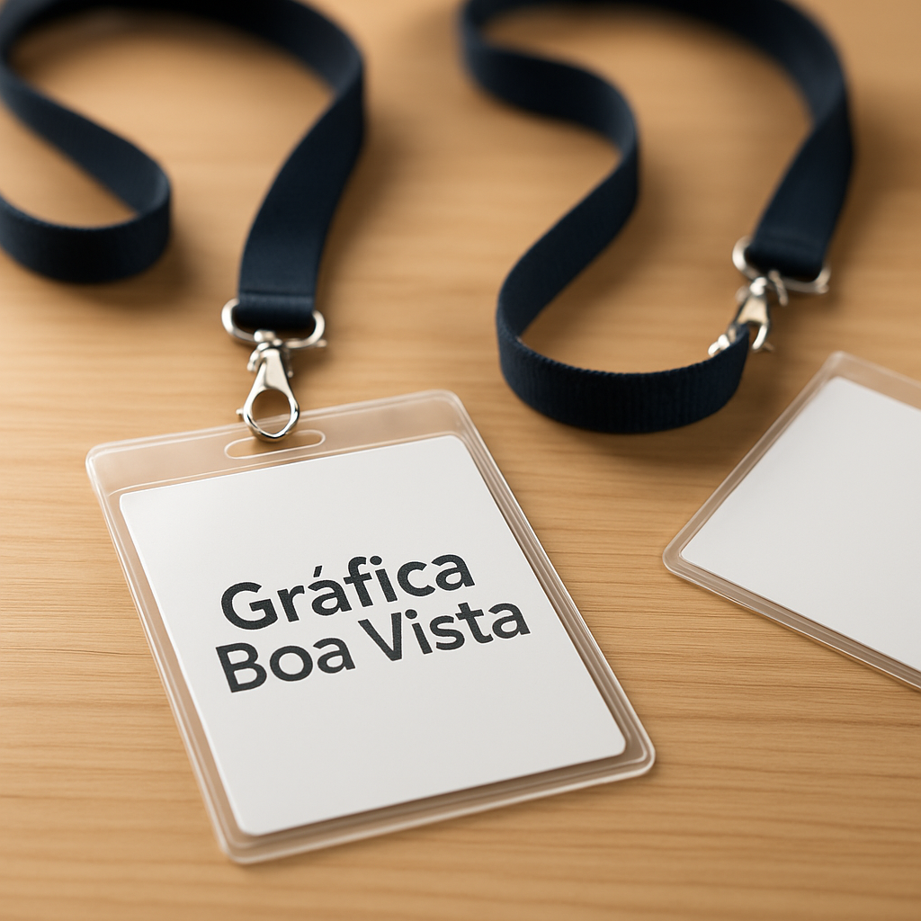 Crachás personalizados prontos sobre uma mesa em gráfica, com visual profissional e acabamento premium