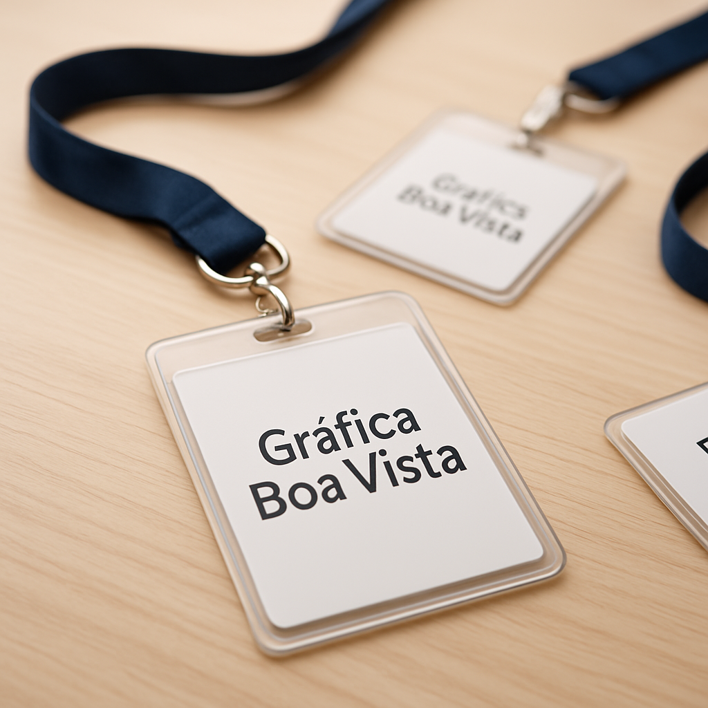 Crachás personalizados prontos sobre uma mesa em gráfica, com visual profissional e acabamento premium
