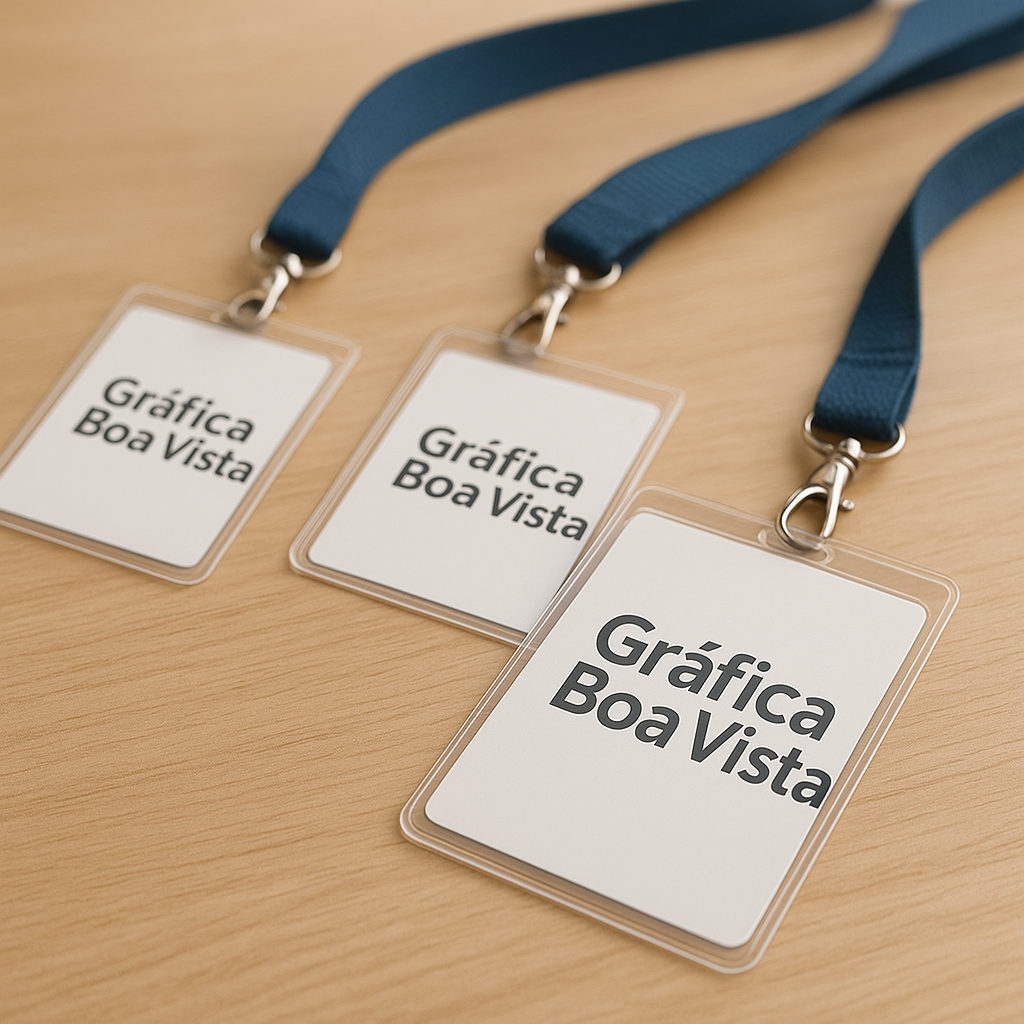 Crachás profissionais em destaque sobre uma mesa limpa, mostrando opções em PVC e Polaseal.