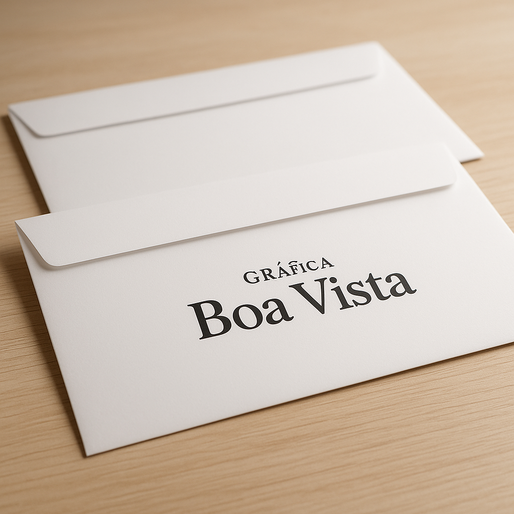 Envelopes personalizados em uma gráfica profissional em Curitiba, com acabamento de qualidade e aparência comercial.