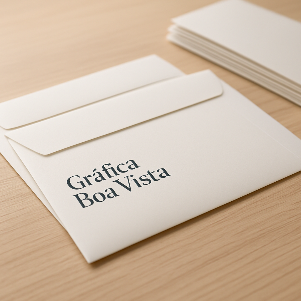 Envelopes personalizados em uma gráfica profissional em Curitiba, com acabamento de qualidade e aparência comercial.
