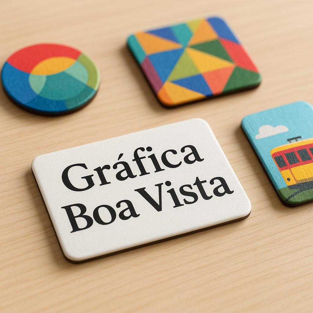 Ímãs de geladeira personalizados em uma geladeira, com aparência profissional e acabamento de qualidade