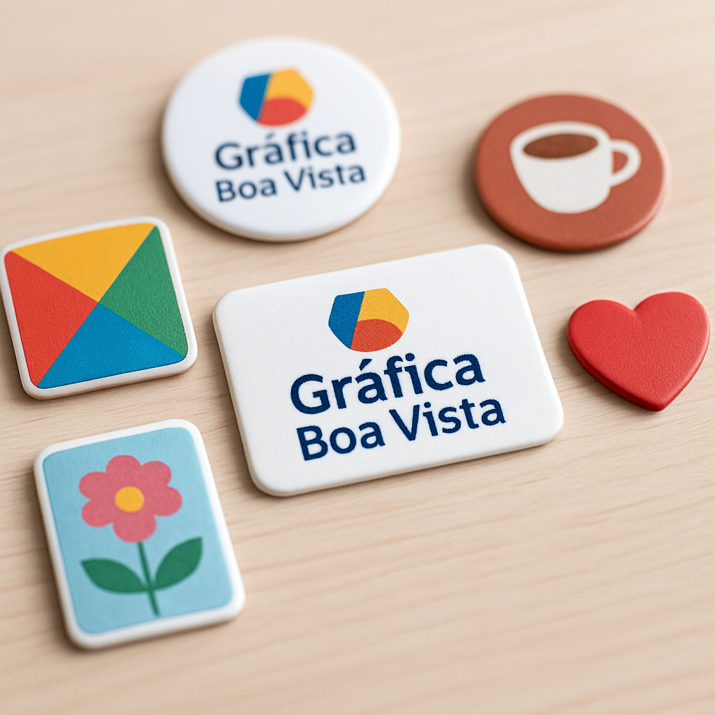 Ímã de geladeira personalizado aplicado em uma geladeira inox, com acabamento profissional