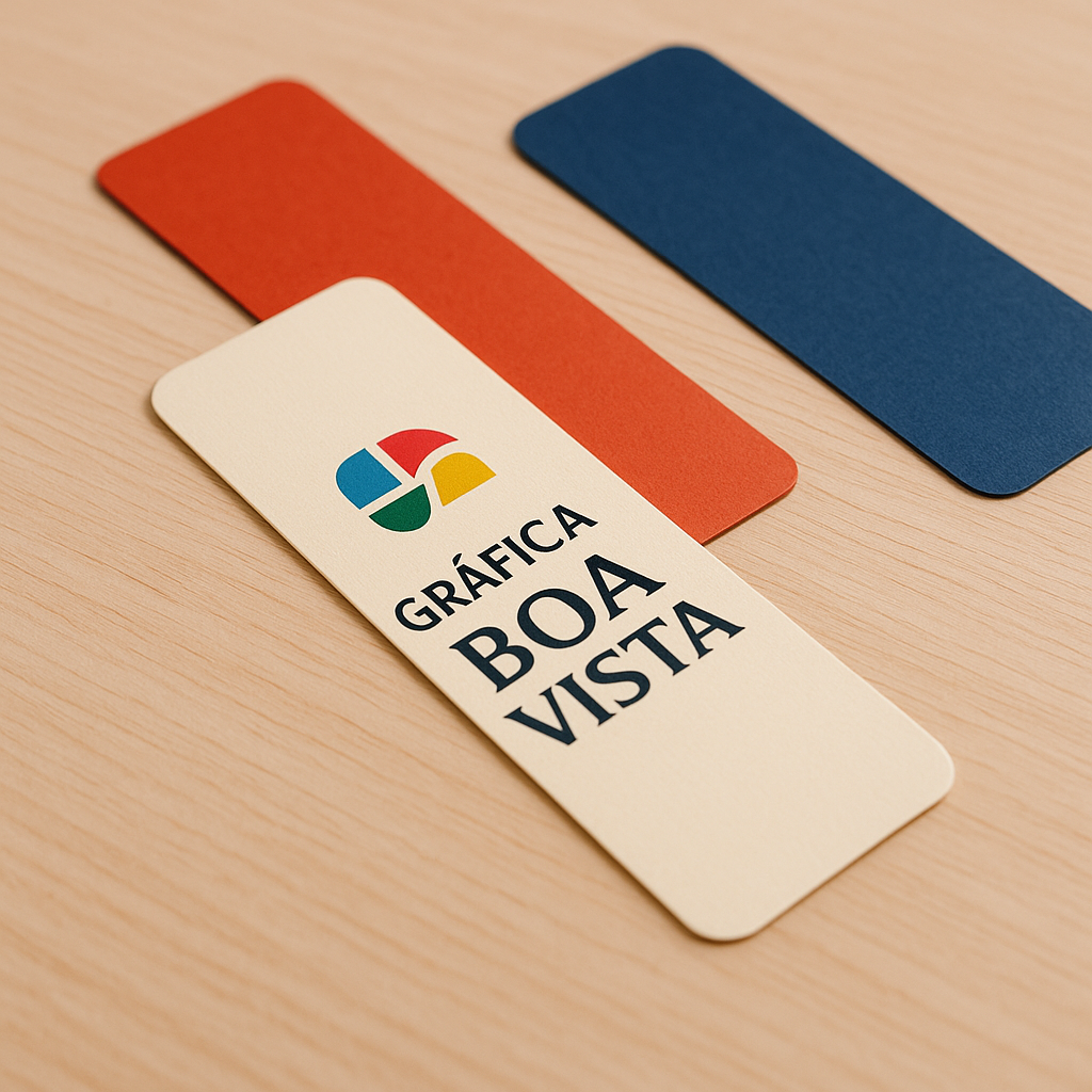 Marca páginas personalizados impressos sobre uma mesa de gráfica, com acabamento profissional e visual moderno