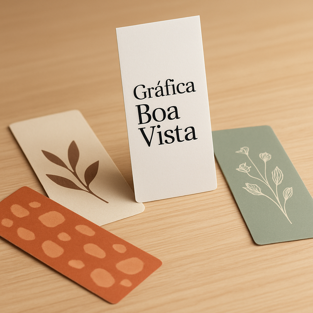 Marca páginas personalizados impressos sobre uma mesa de gráfica, com acabamento profissional e visual moderno