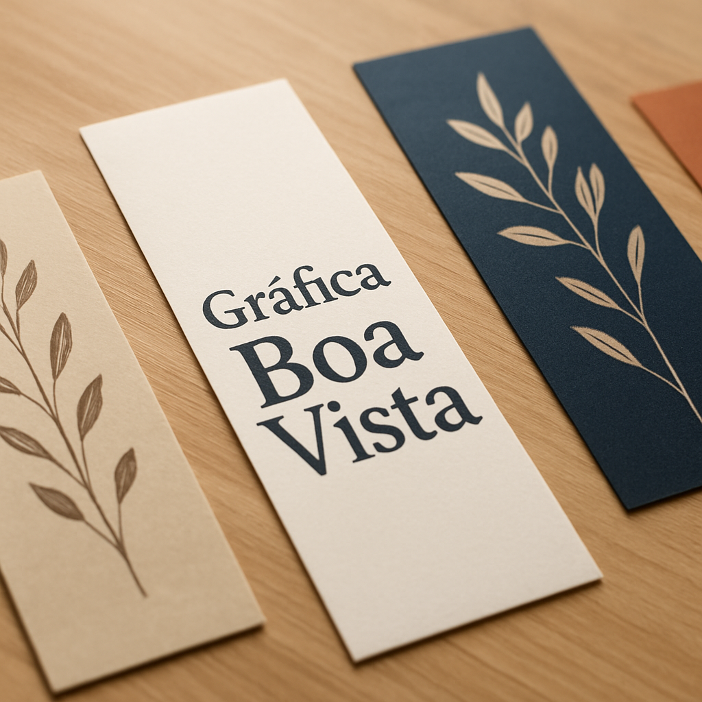 Marca página personalizado em papel couchê 250g sobre mesa, com acabamento profissional