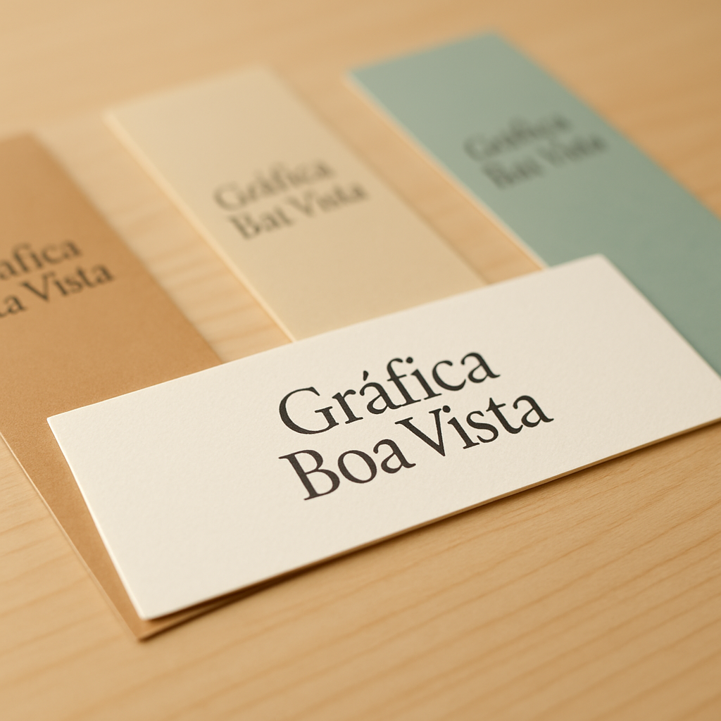 Marca página personalizado em papel couchê 250g sobre mesa, com acabamento profissional