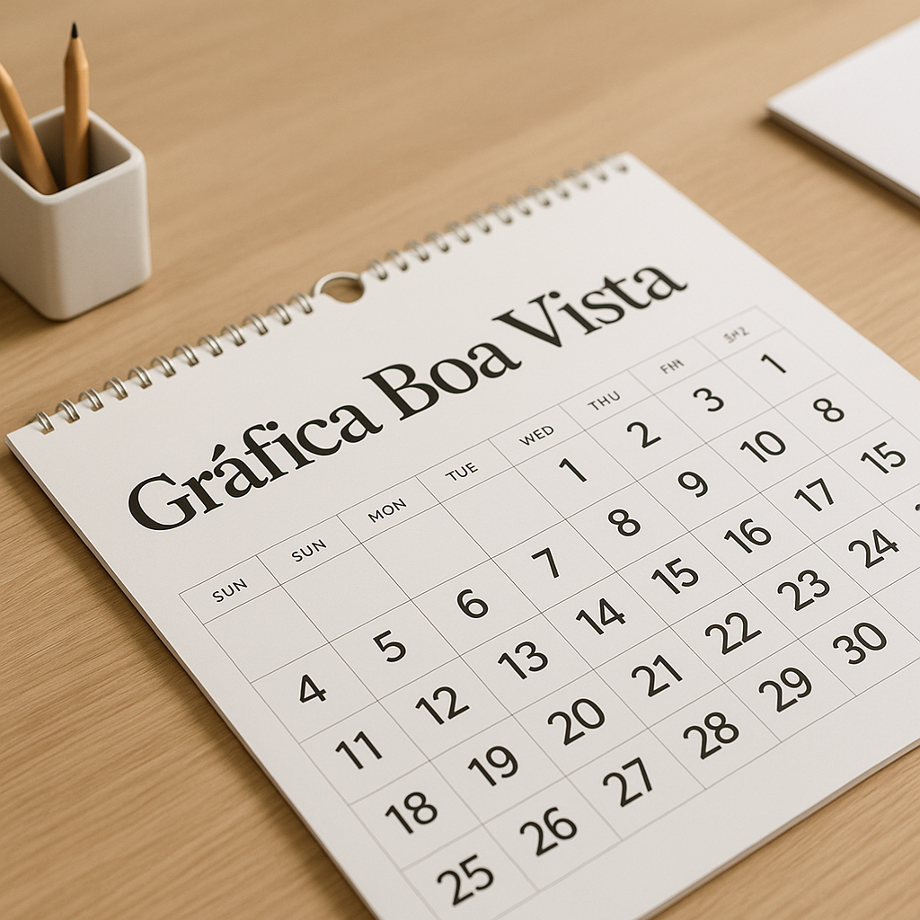 Calendário de mesa em recepção de clínica com visual profissional e layout limpo