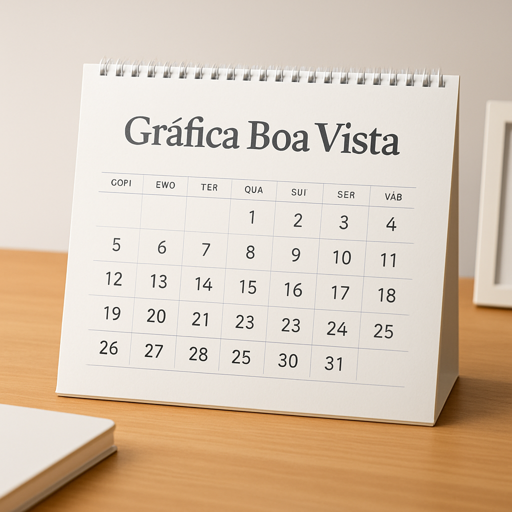 Calendário de mesa em recepção de clínica com visual profissional e layout limpo