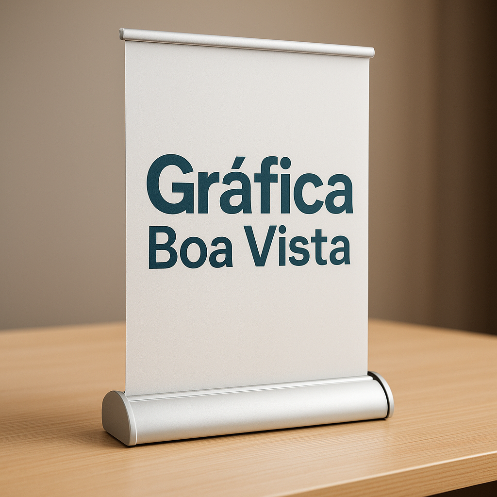 Banner Roll Up personalizado em Curitiba na Gráfica Boa Vista, com estrutura retrátil e ambiente profissional de gráfica