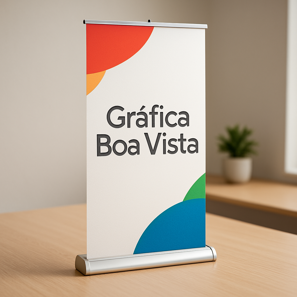 Banner Roll Up personalizado em Curitiba na Gráfica Boa Vista, com estrutura retrátil e ambiente profissional de gráfica