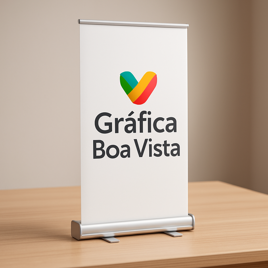 Banner Roll Up personalizado em Curitiba na Gráfica Boa Vista, com estrutura retrátil e ambiente profissional de gráfica