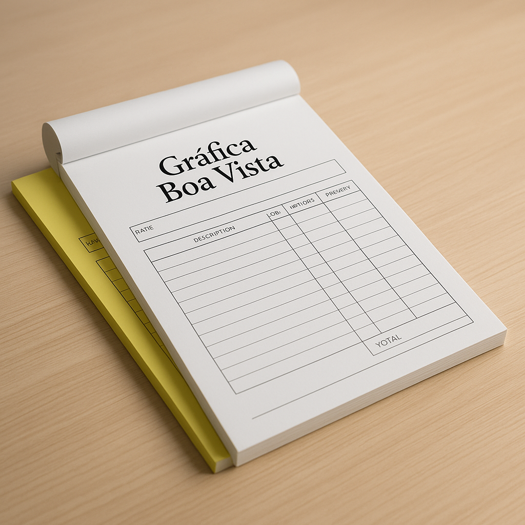 Bloco copiativo 2 vias personalizado sobre uma mesa de gráfica em Curitiba
