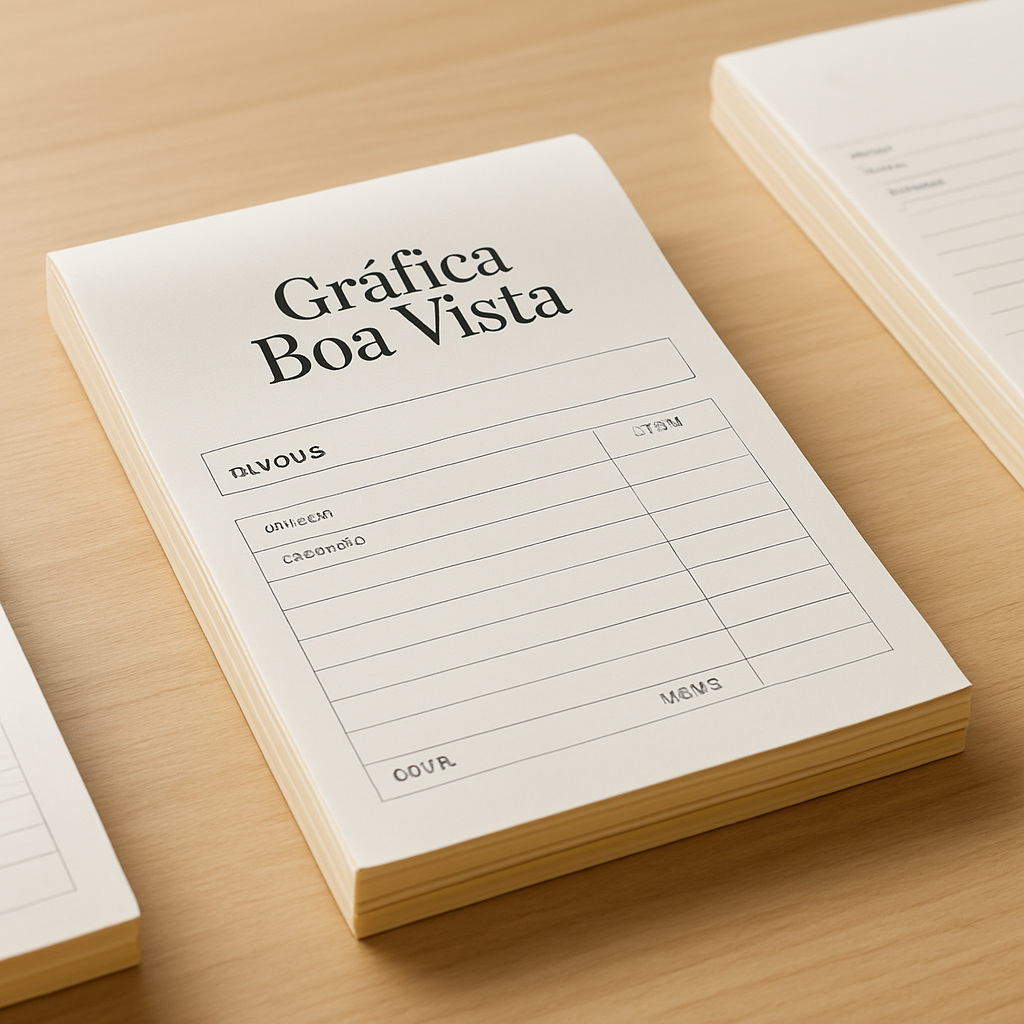 Bloco copiativo 2 vias personalizado sobre uma mesa de gráfica em Curitiba