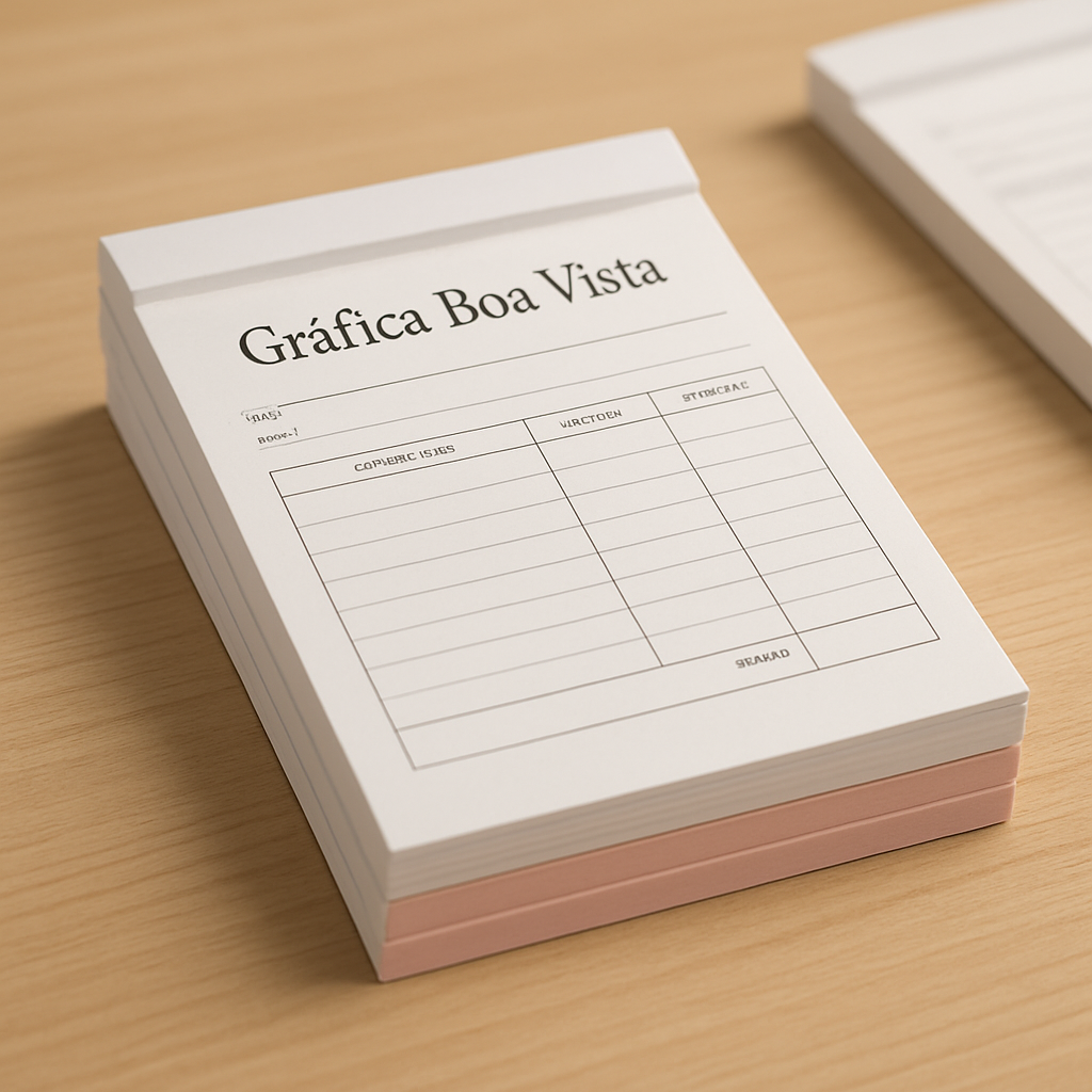 Bloco copiativo 2 vias personalizado sobre uma mesa de gráfica em Curitiba