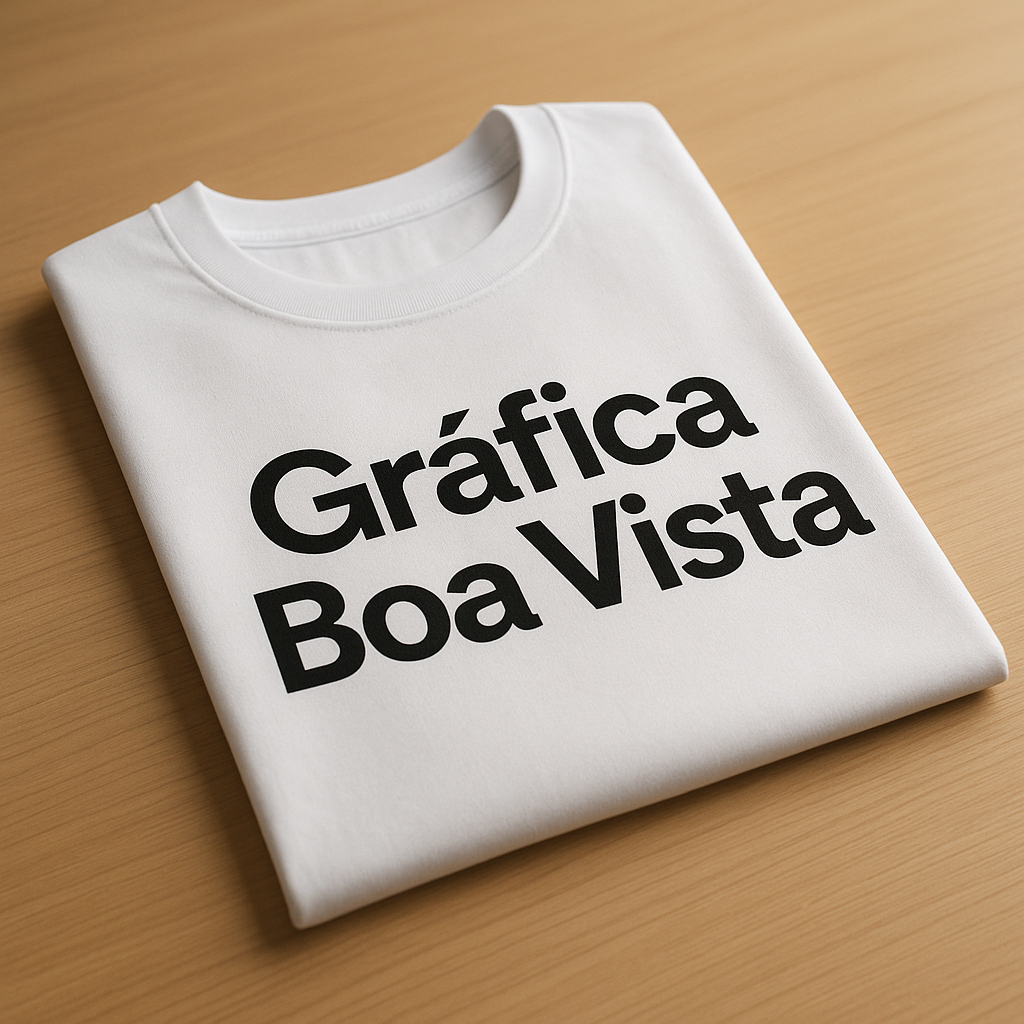 Foto de camisetas personalizadas em uma gráfica de Curitiba, com opções branca e preta em ambiente profissional