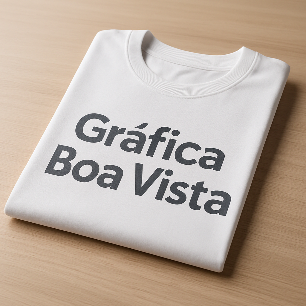 Foto de camisetas personalizadas em uma gráfica de Curitiba, com opções branca e preta em ambiente profissional