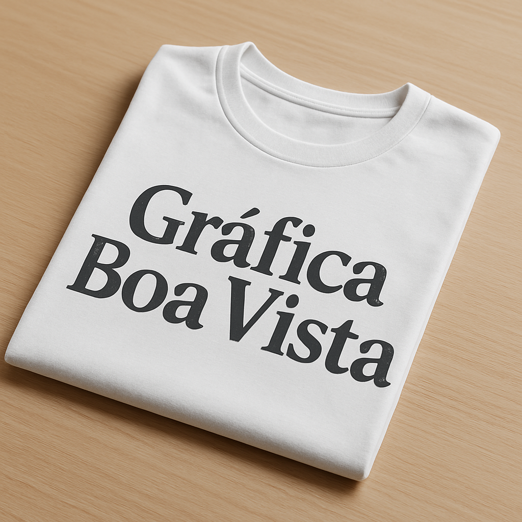 Foto de camisetas personalizadas em uma gráfica de Curitiba, com opções branca e preta em ambiente profissional