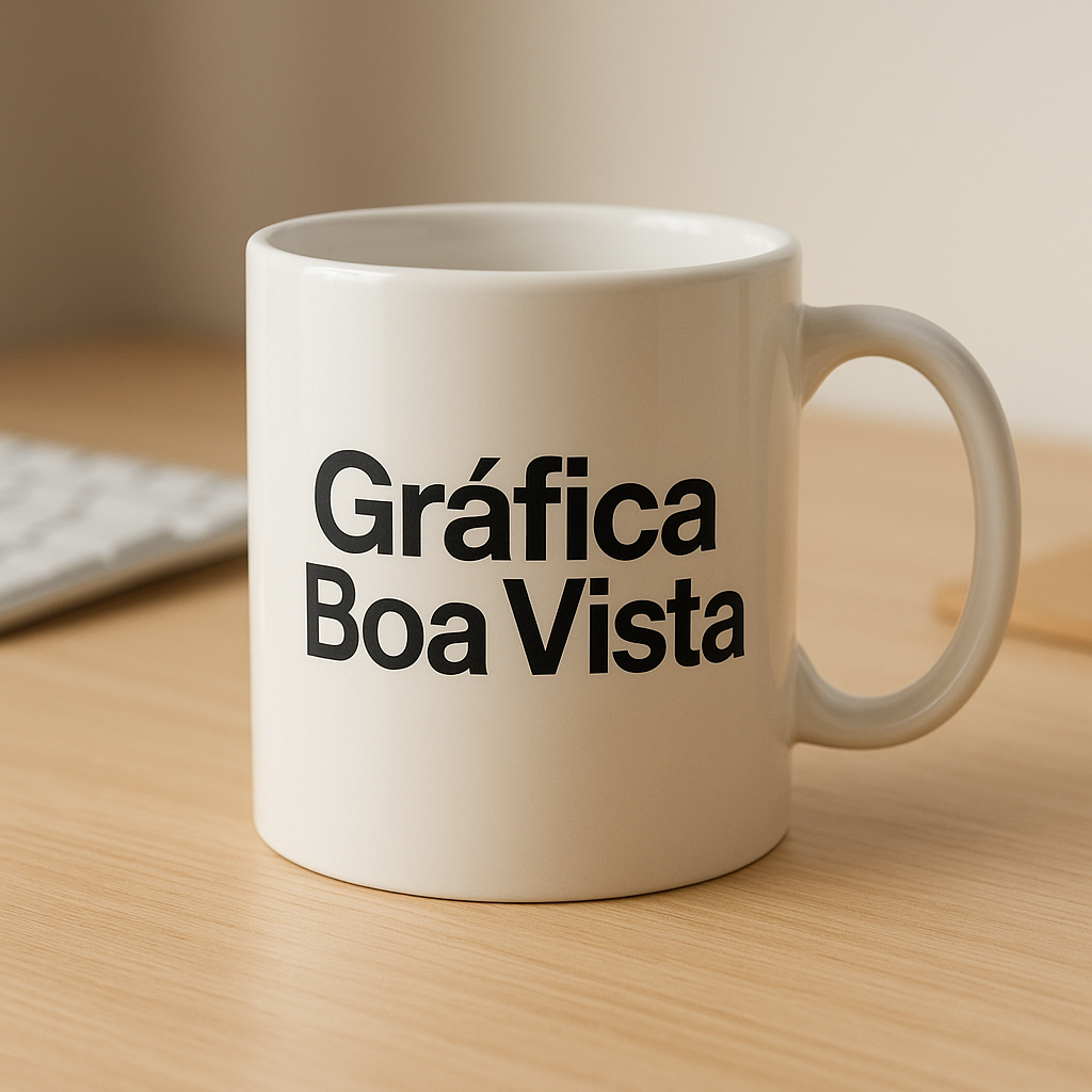 Canecas personalizadas em uma gráfica de Curitiba, com visual profissional e ambiente organizado.