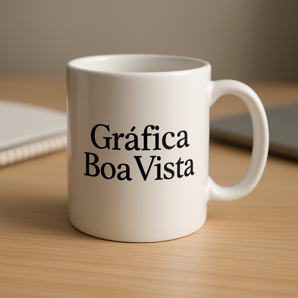 Canecas personalizadas em uma gráfica de Curitiba, com visual profissional e ambiente organizado.