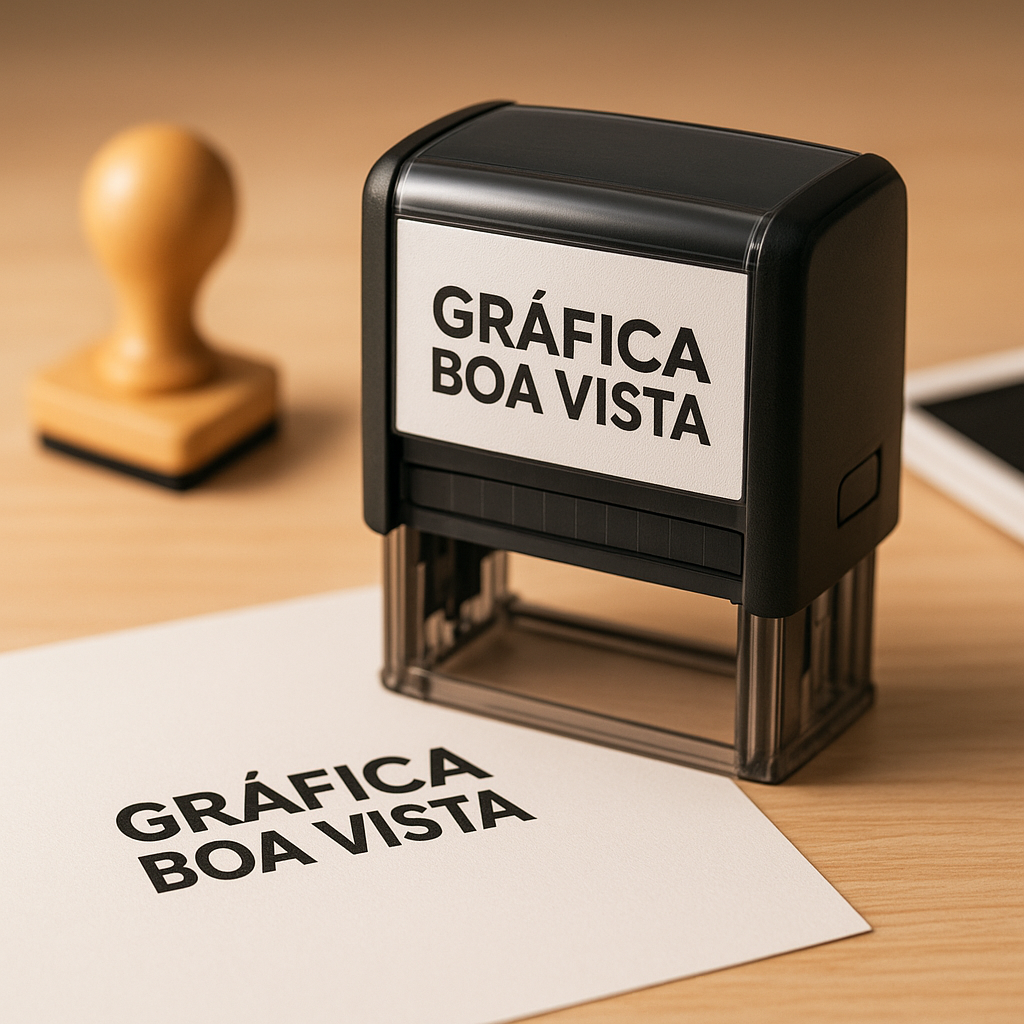 Carimbo personalizado sobre mesa em ambiente de gráfica em Curitiba